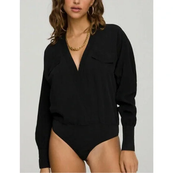 Good American Utility-style Bodysuit - Deep V-Neck Long Sleeve Black - NWOT - Picture 3 of 7